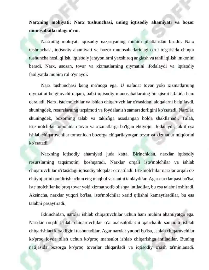 Narxning mohiyati va shakllanish xususiyatlari. 2