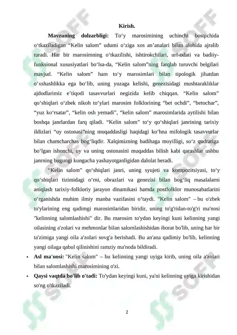 Kelin salom qo'shiqlarining marosim va musiqiy jihatlari 2