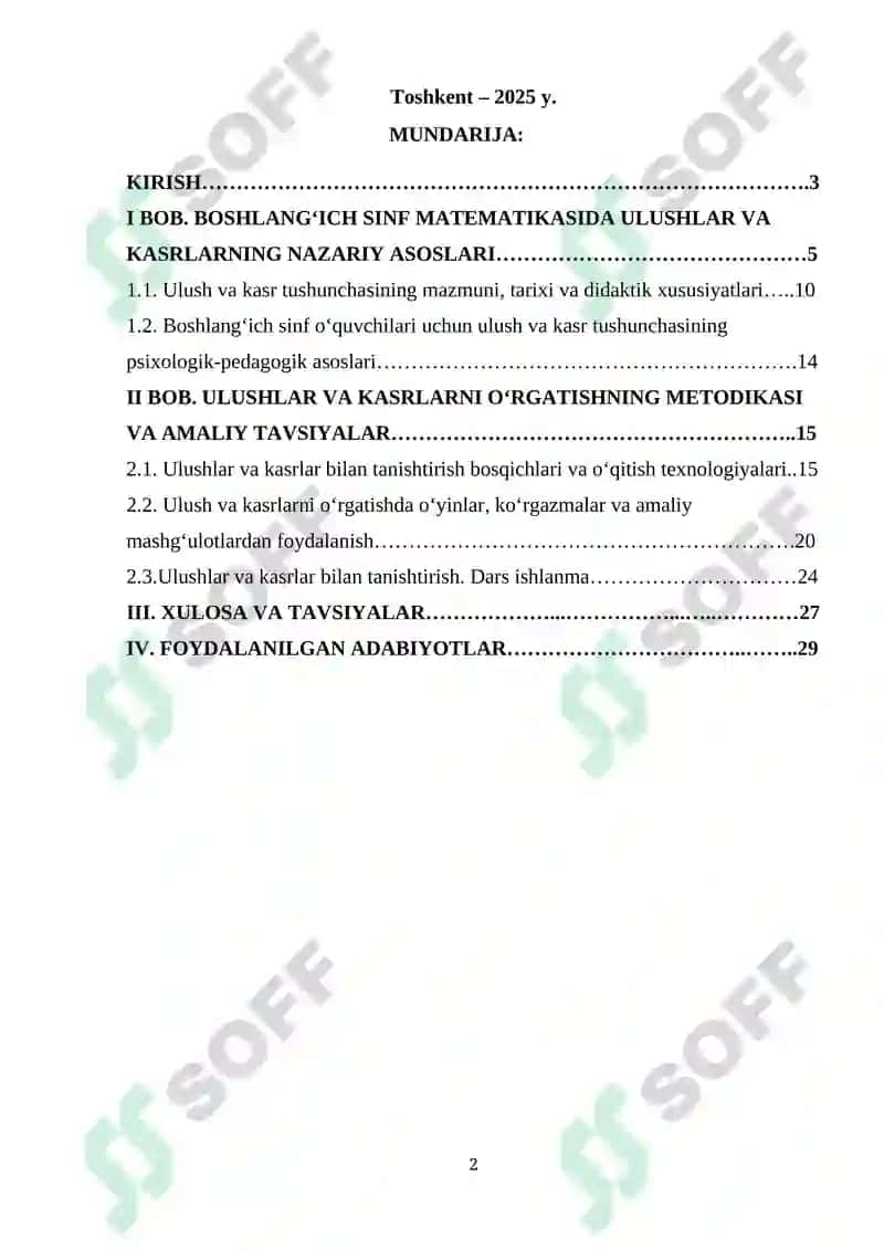 Ulushlar va kasrlar bilan tanishtirish metodikasi (boshlang`ich sinflarda). 2
