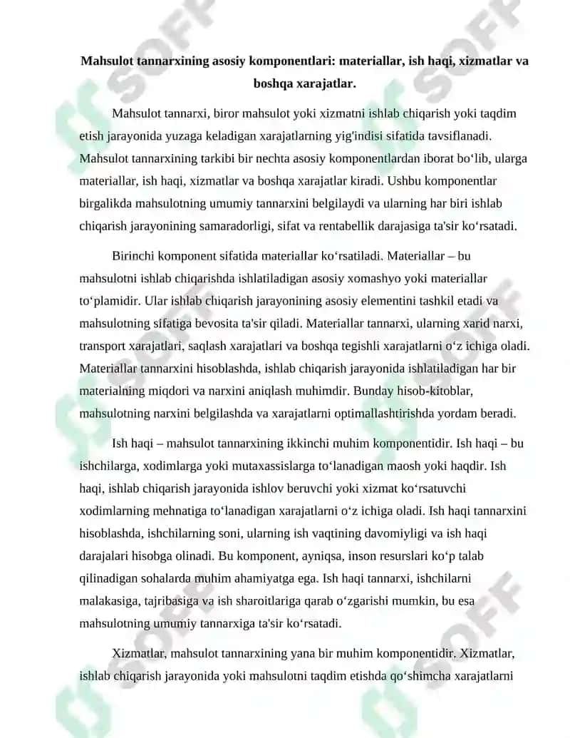Mahsulot tannarxini tarkibi va turlari 2