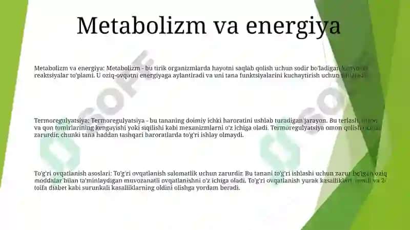 Metabolizm Va Energiyani OʻRganish.Termoregulatsiya.ToʻGʻRi Ovqatlanish Asoslari 2