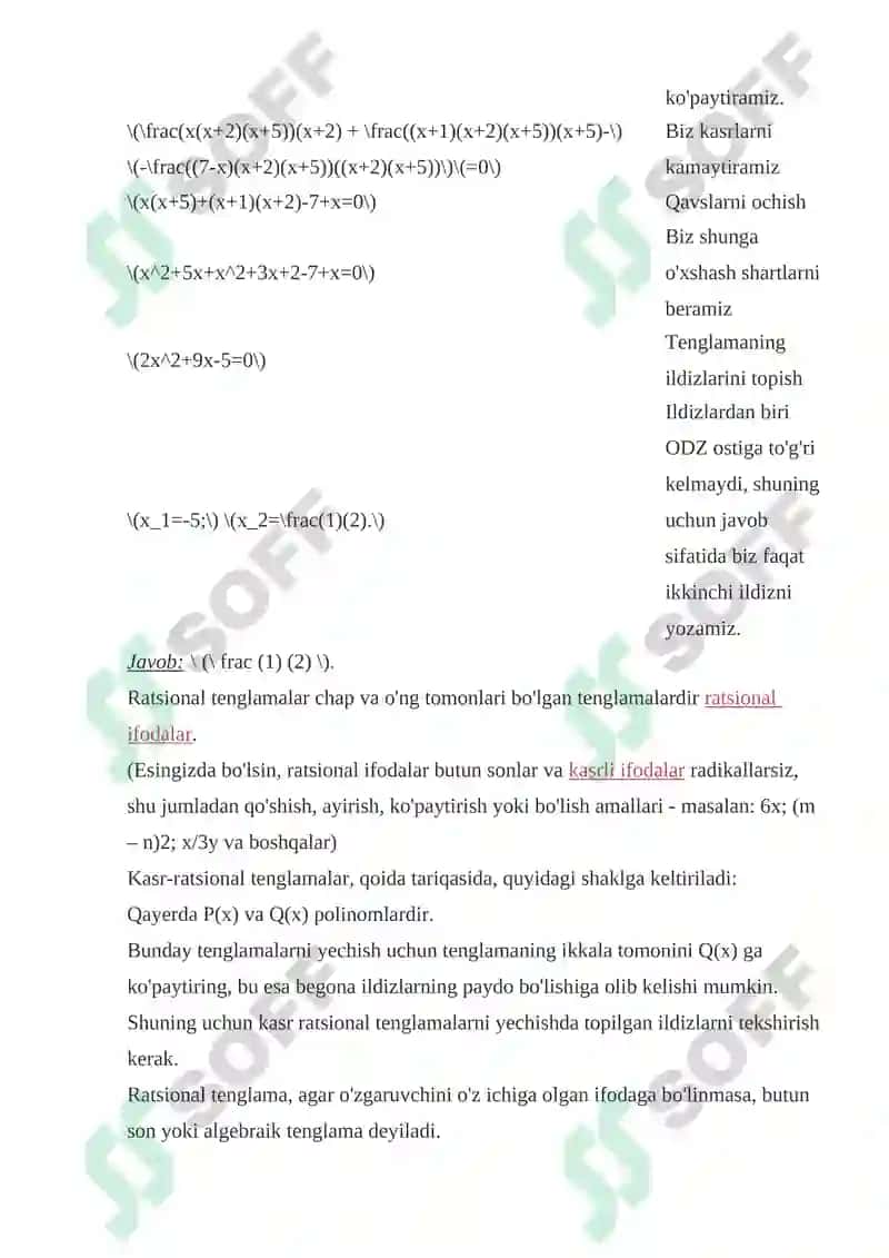 Kasr-ratsional tenglamalarga oid misollar yechish 2