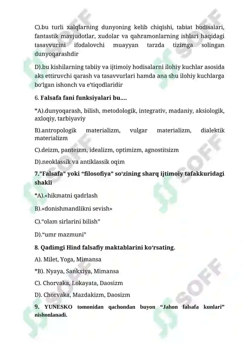 Falsafa fanidan 1-kurs talabalari uchun test savollari 2