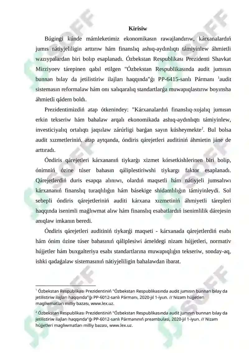 Kárxanada óndiris qárejetleri auditin ótkeriwdi rejelestiriw 2