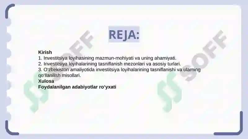 Investitsiya loyihalarining tasniflanishi 2