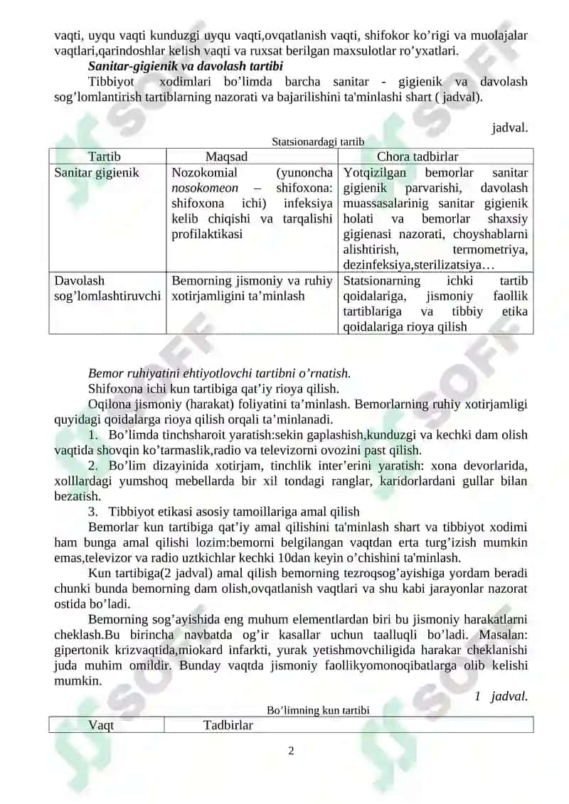 SHIFOXONANING TERAPEVTIK (DAVOLASH) BO’LIMI 2