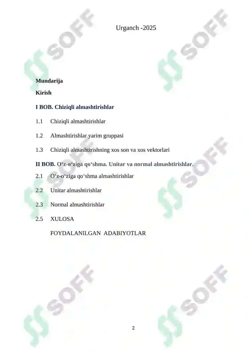 Oʻz-oʻziga qoʻshma unitar va normal chiziqli almashtirishlar 2