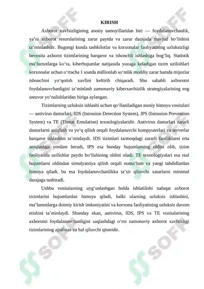 Axborotni foydalanuvchanligini ta'minlashda antivirus, IDS, IPS, TE vositalarining oʻrni 2