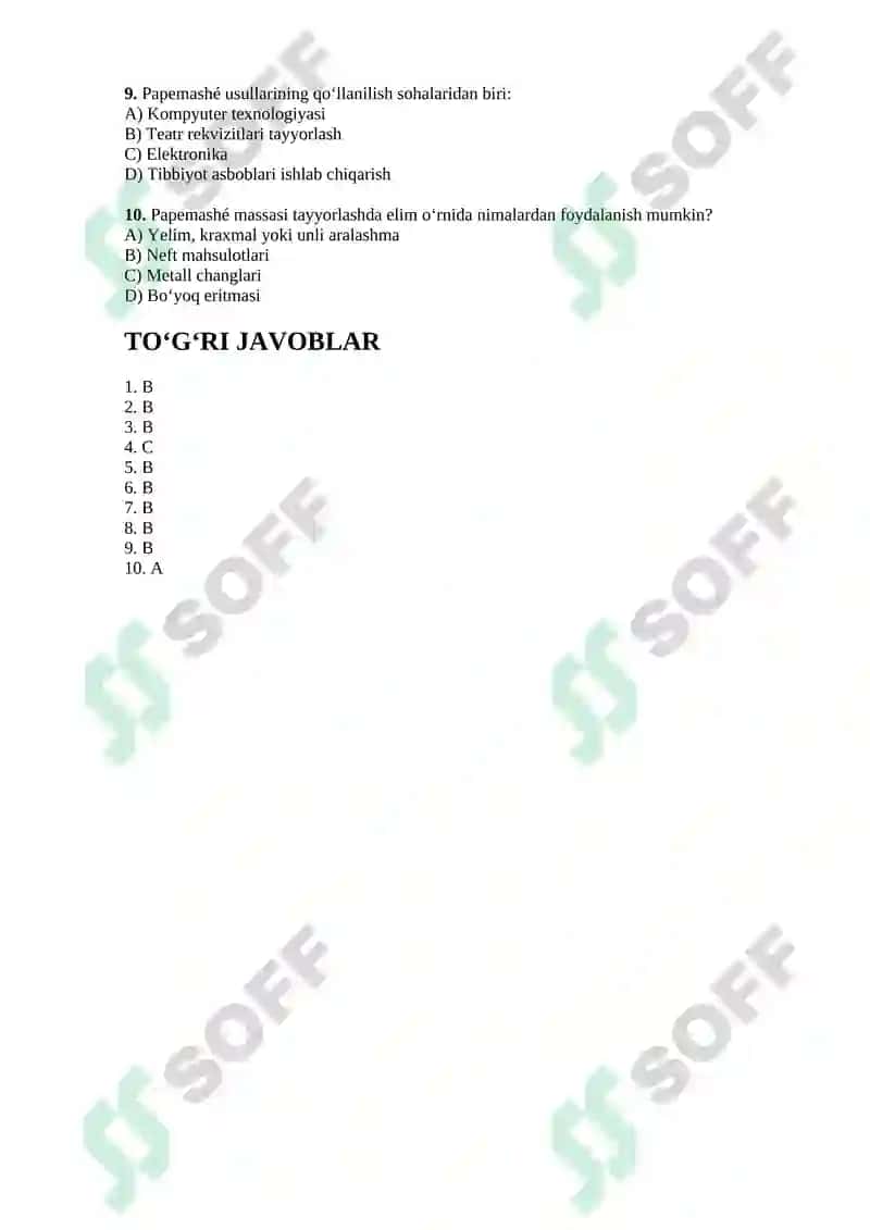 PAPEMASHE USULLARI TEST SAVOLLARI 2