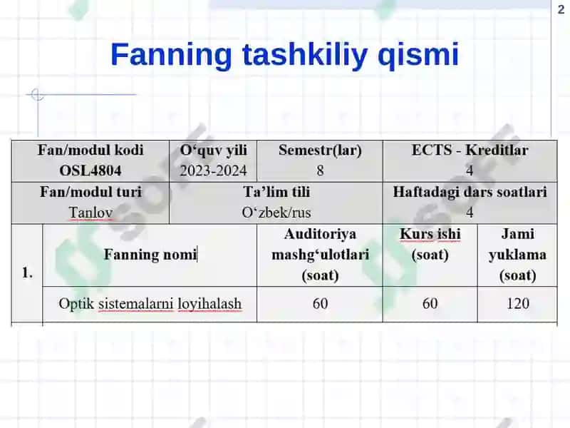 Optik sistemalarni loyihalash 2