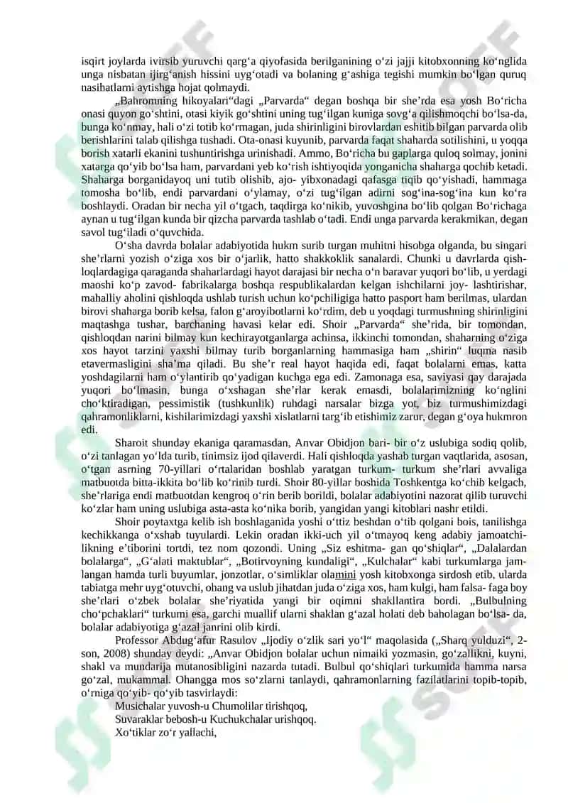 Anvar Obidjon hayoti va ijodi (2 soat ma’ruza, 2 soat amaliy mashg‘ulot) 2
