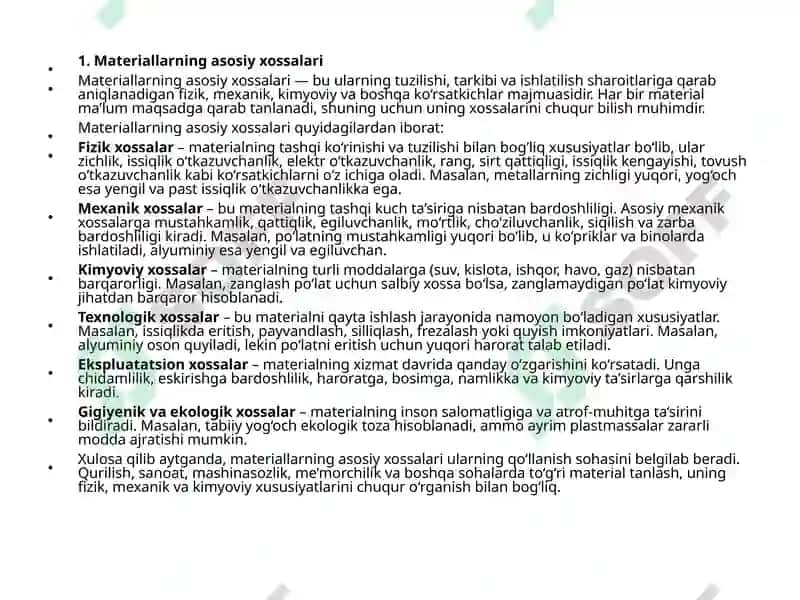 Materiallarning asosiy xossalari 2