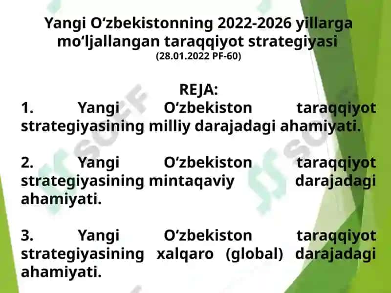 Yangi O‘zbekistonda Prezident Sh.M. Mirziyoyev rahbarligi va tashabbusi ostida amalga oshirilayotgan islohotlar 2