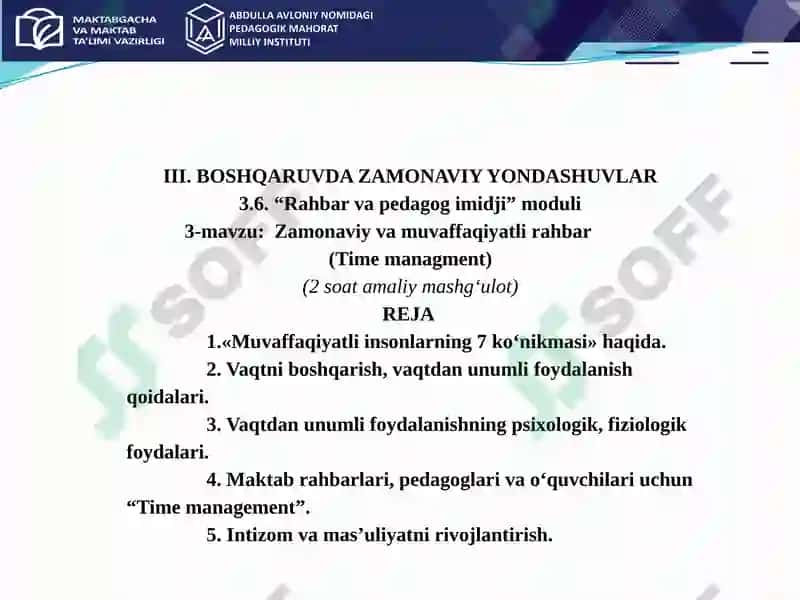 Zamonaviy va muvaffaqiyatli rahbar (Time management) 2