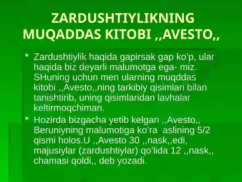 ZARDUSHTIYLIKNING VUJUDGA KELISHI 2