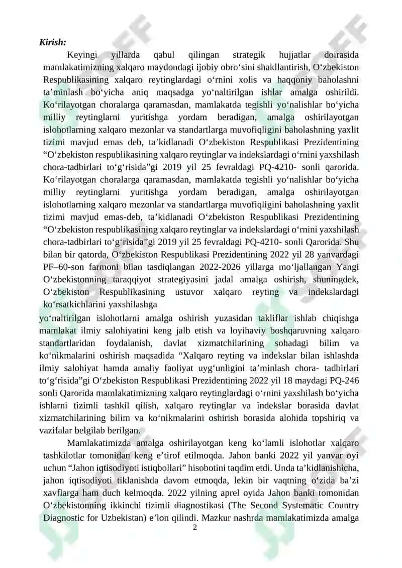 Xalqaro reytinglar va ularga Oʻzbekistonning integratsiyalashuvi 2