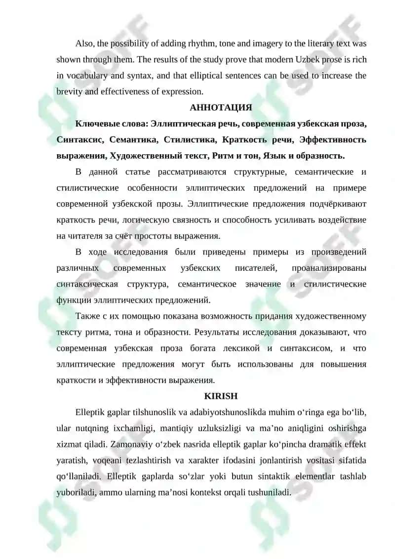 O‘ZBEK TILIDA ELLEPTIK GAPLARNING TUZILISHLI, SEMANTIK VA STILISTIK XUSUSIYATLARI (ZAMONAVIY O‘ZBEK NASRI MISOLIDA) 2