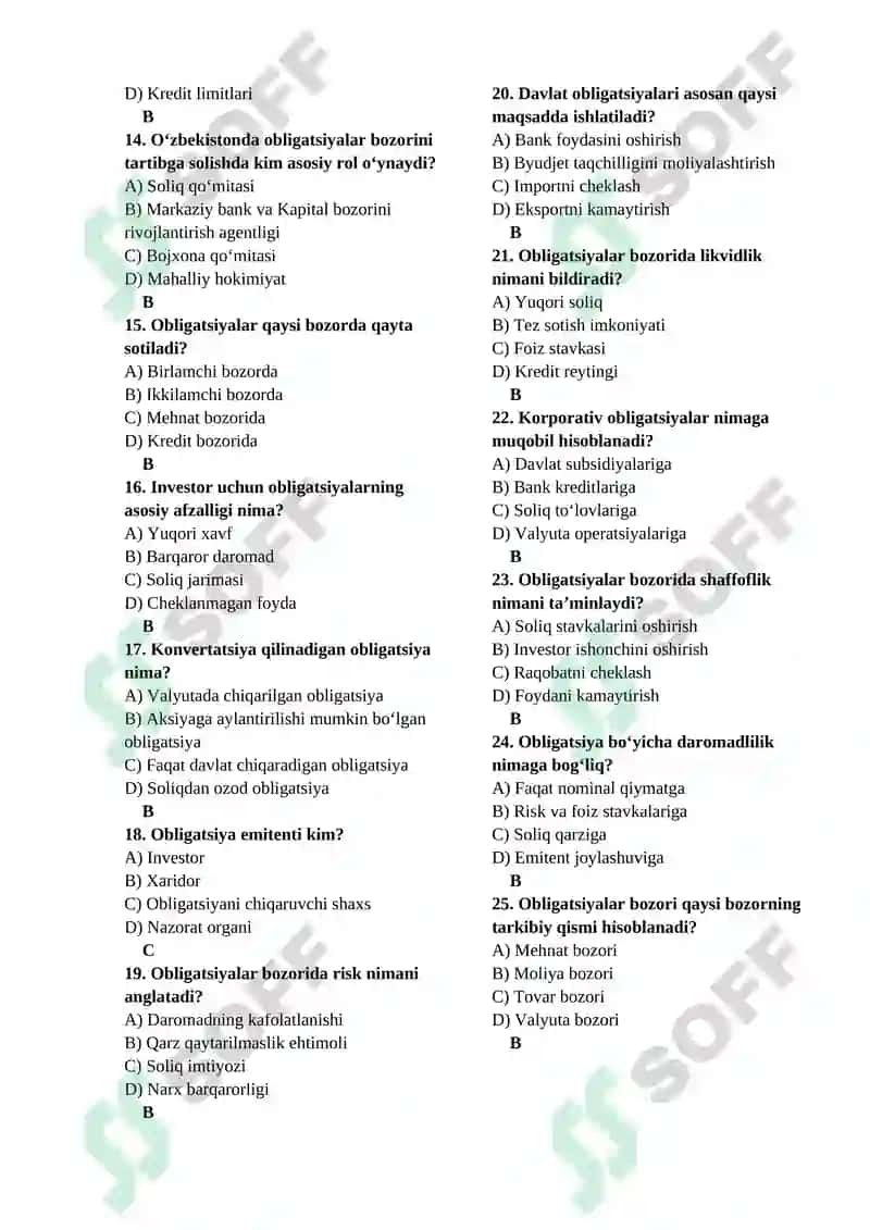 Obligatsiyalar bozori bo‘yicha test savollari (25 ta) 2