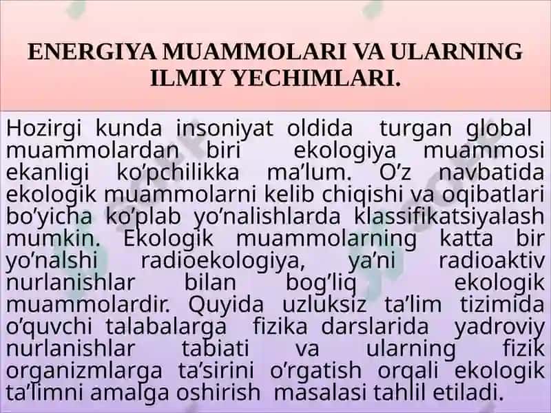 Energiya muammolari va ularning ilmiy yechimlari 2