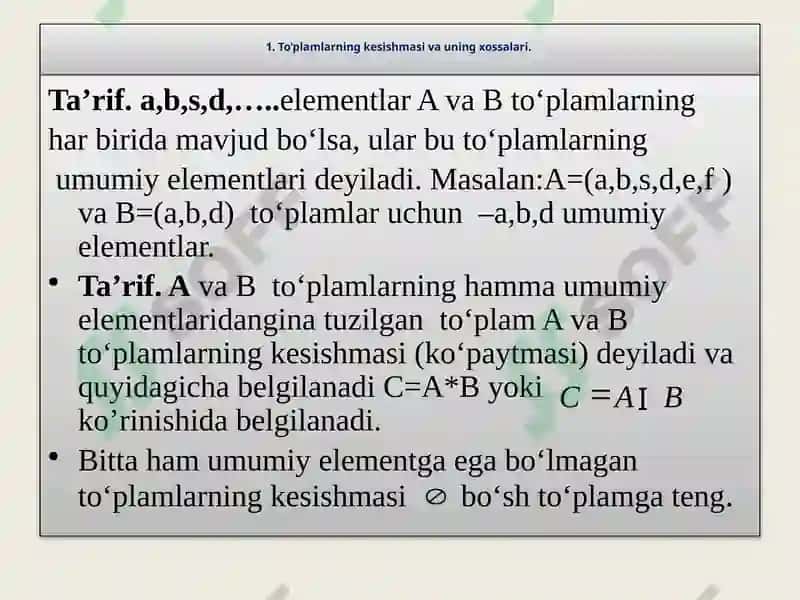 To‘plamlar va ular ustida amallar. To‘plamlarning kesishmasi, birlashmasi, ikki to‘plamning ayirmasi, universal to‘plamgacha to‘ldiruvchi to‘plam. To‘plamlarning dekart ko‘paytmasi. To‘plamlar ustidagi amallarning xossalari. 2