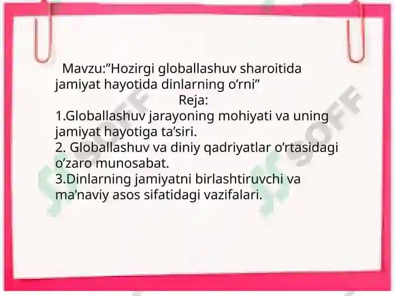 Globallashuv sharoitida jamiyathayotidagi dinlarning o'rni 2