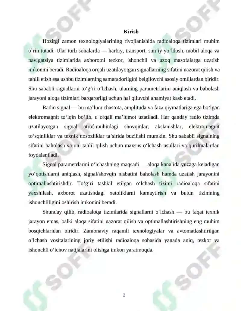Radioaloqa tizimlarida signallarni o‘lchash usullari. 2