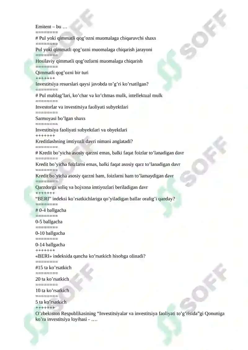 “INVESTITSIYA” FANIDAN TESTLAR 2