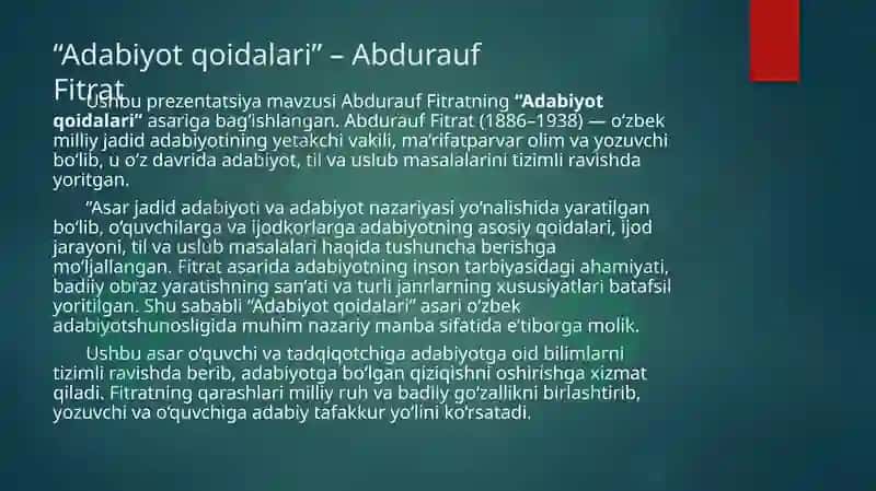 Fitratning,,Adabiyot qoidalariʼʼasari 2