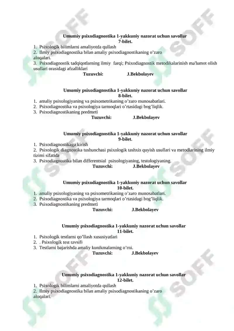 Umumiy psixodiagnostika 1-yakkuniy nazorat uchun savollar 2