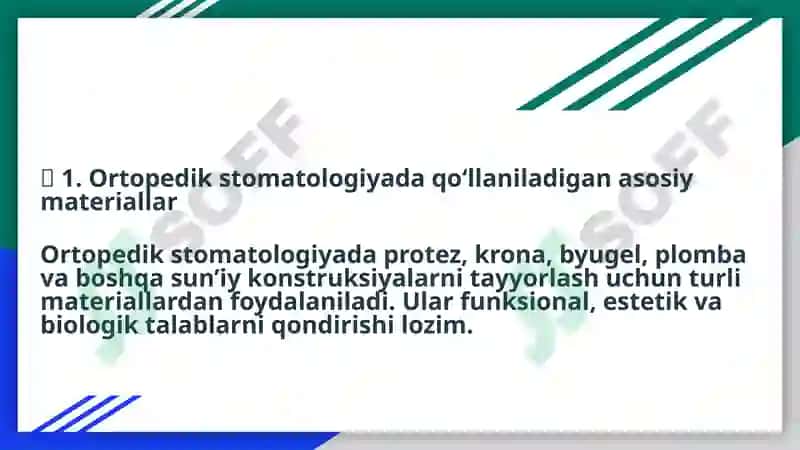 Ortopedik stomatologiyada qo‘llaniladigan asosiy materiallar 2