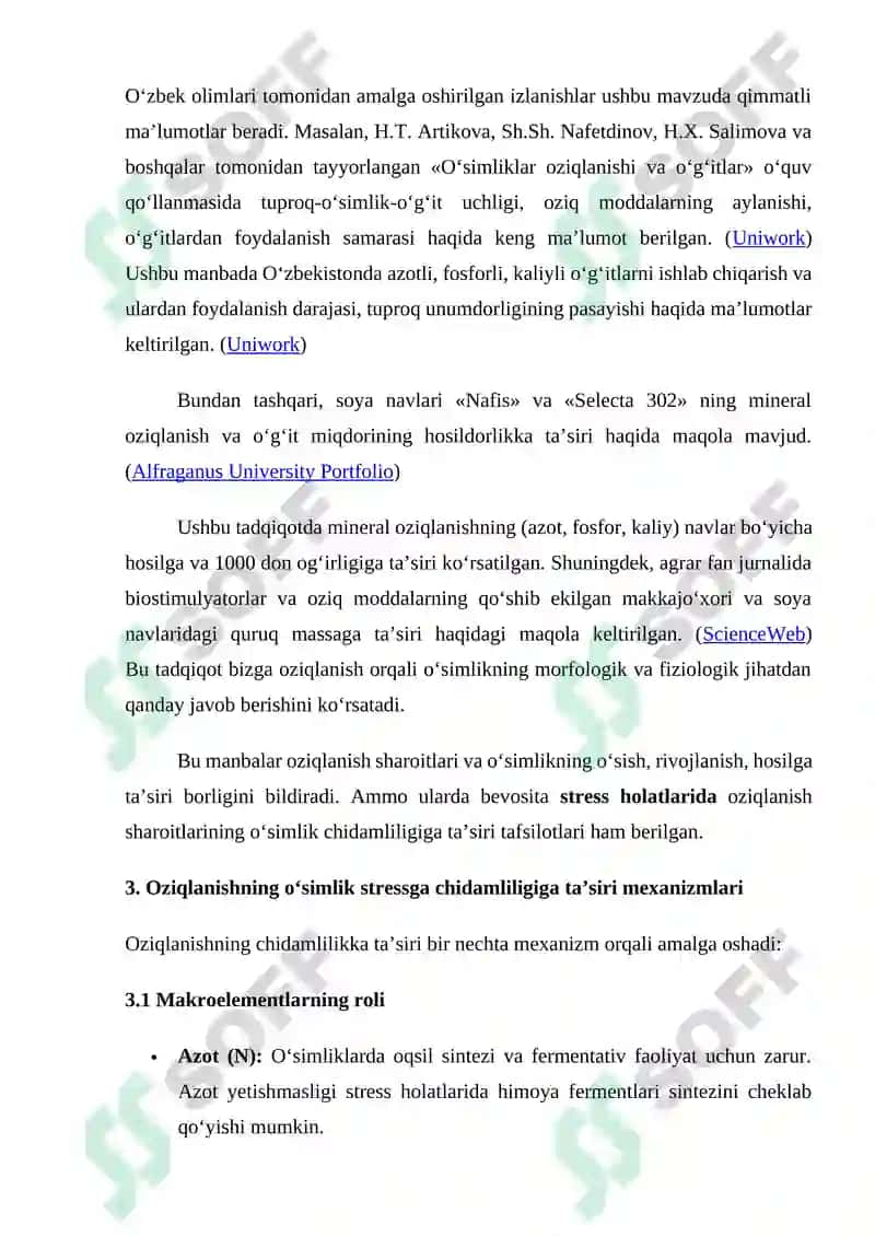 O‘simlik chidamliligiga oziqlanish sharoitlarining  ta’siri E S S E 2