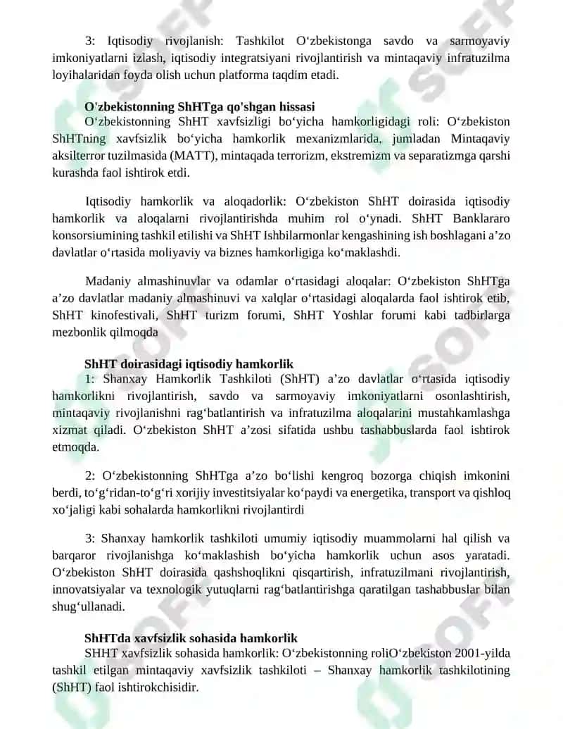 O'Zbekiston Respublikasining Shanxay Hamkorlik Tashkiloti (Shht) 2
