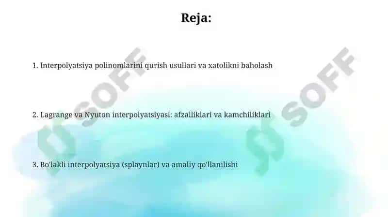 Interpolyatsion ko`phadlar qurishni ayrim usullari va ularning tadbiqlari 2