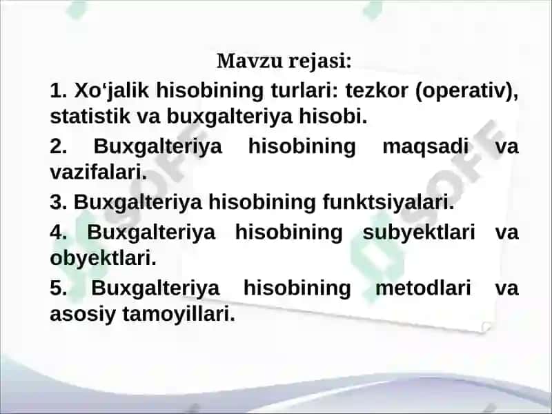 Buxgalteriya hisobi faniga kirish 2