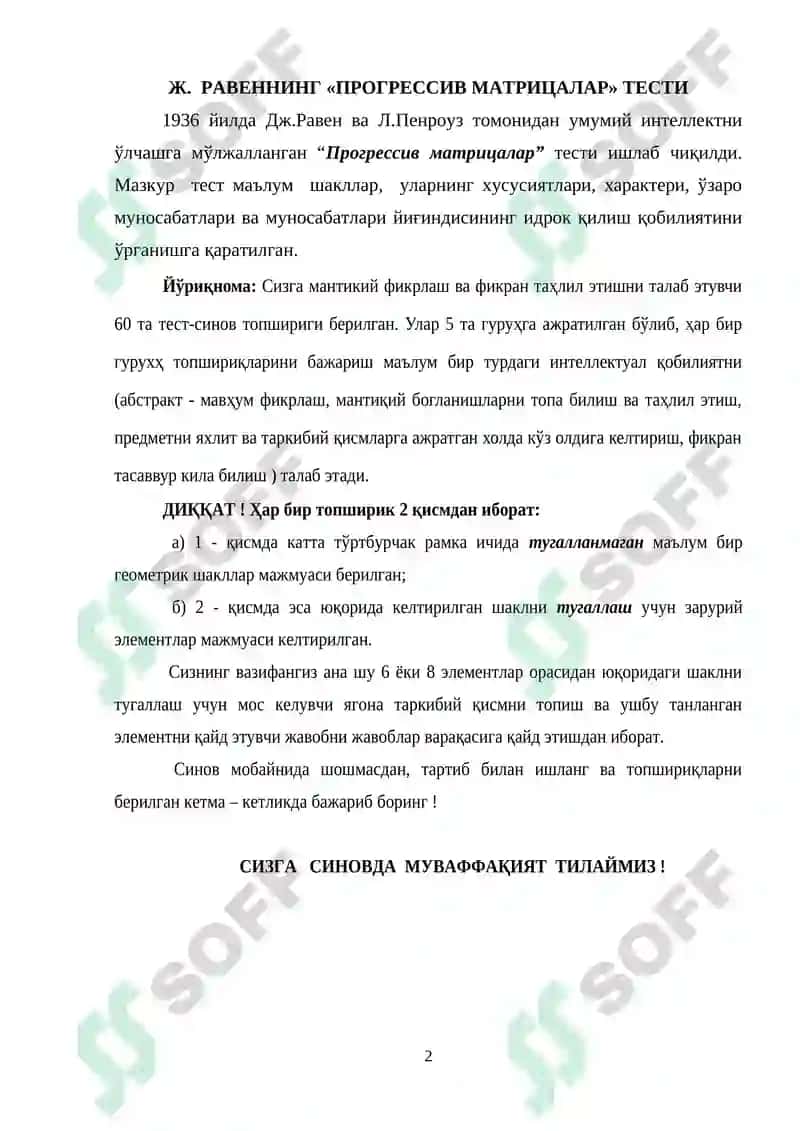 Ж. РАВЕННИНГ «ПРОГРЕССИВ МАТРИЦАЛАР» ТЕСТИ 2