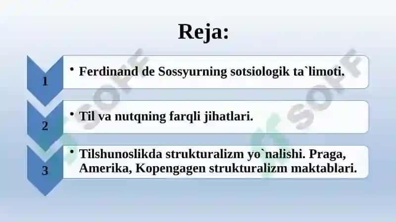DE SOSSYURNING LINGVISTIK NAZARIYASI. TILSHUNOSLIKDA STRUKTURALIZM. TIL – BELGILAR SISTEMASI SIFATIDA. SEMIOTIKA 2