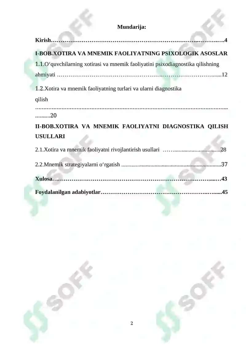 O‘QUVCHILARNING XOTIRASI VA MNEMIK FAOLIYAT DIAGNOSTIKASI 2