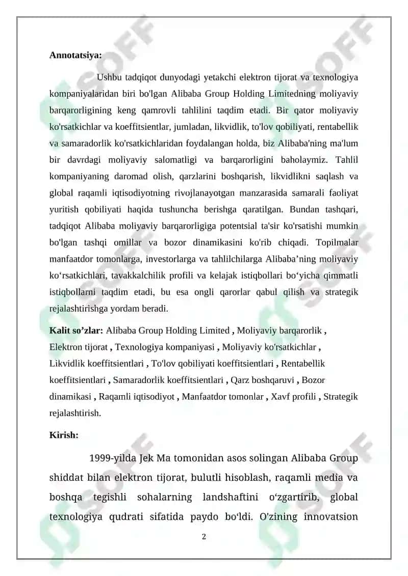 Alibaba kompaniyasining moliyaviy barqarorlik tahlili 2