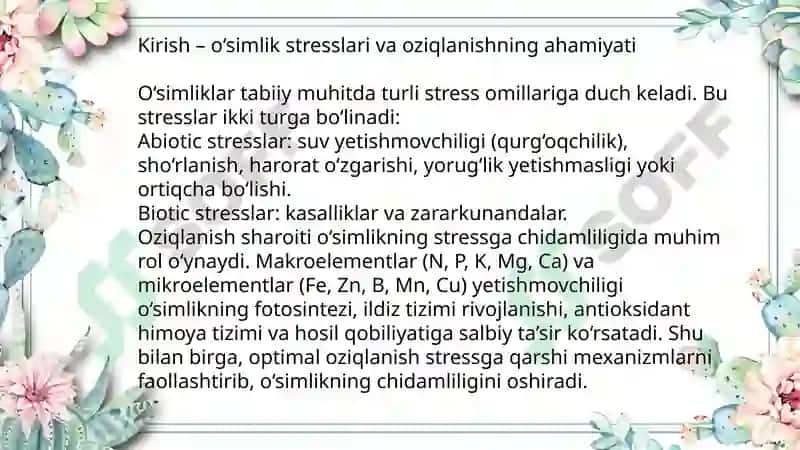 O‘simlik chidamliligiga oziqlanish sharoitining ta’siri 2