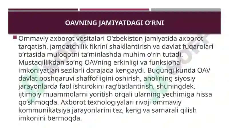 Oʻzbekiston respublikasi ommaviy axborot vositalarining faoliyati 2