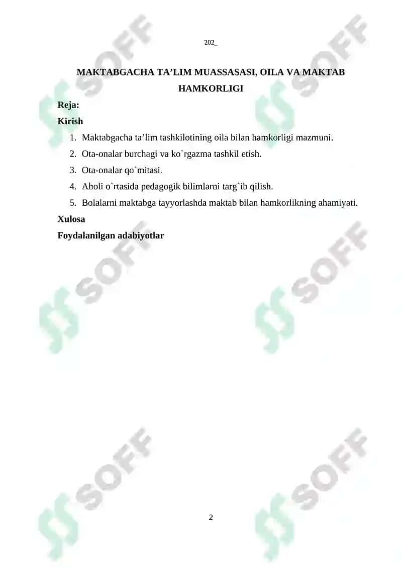 MAKTABGACHA TA’LIM MUASSASASI, OILA VA MAKTAB HAMKORLIGI 2