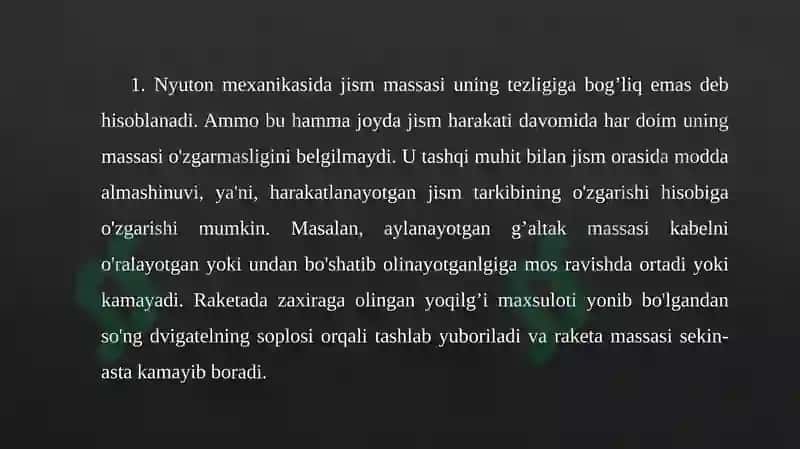 O'zgaruvchan massalij jism harakati 2