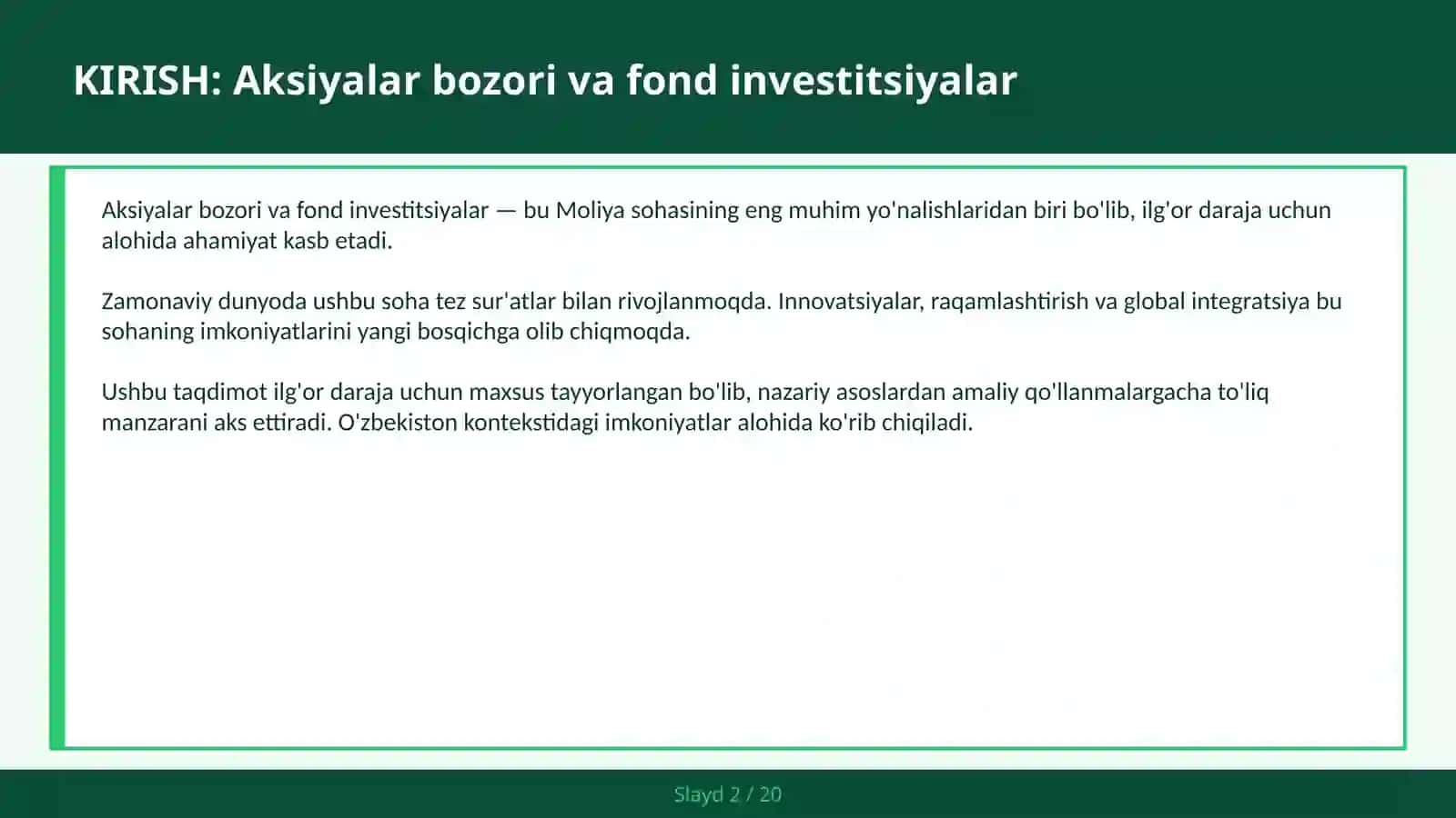 Aksiyalar bozori va fond investitsiyalar 2