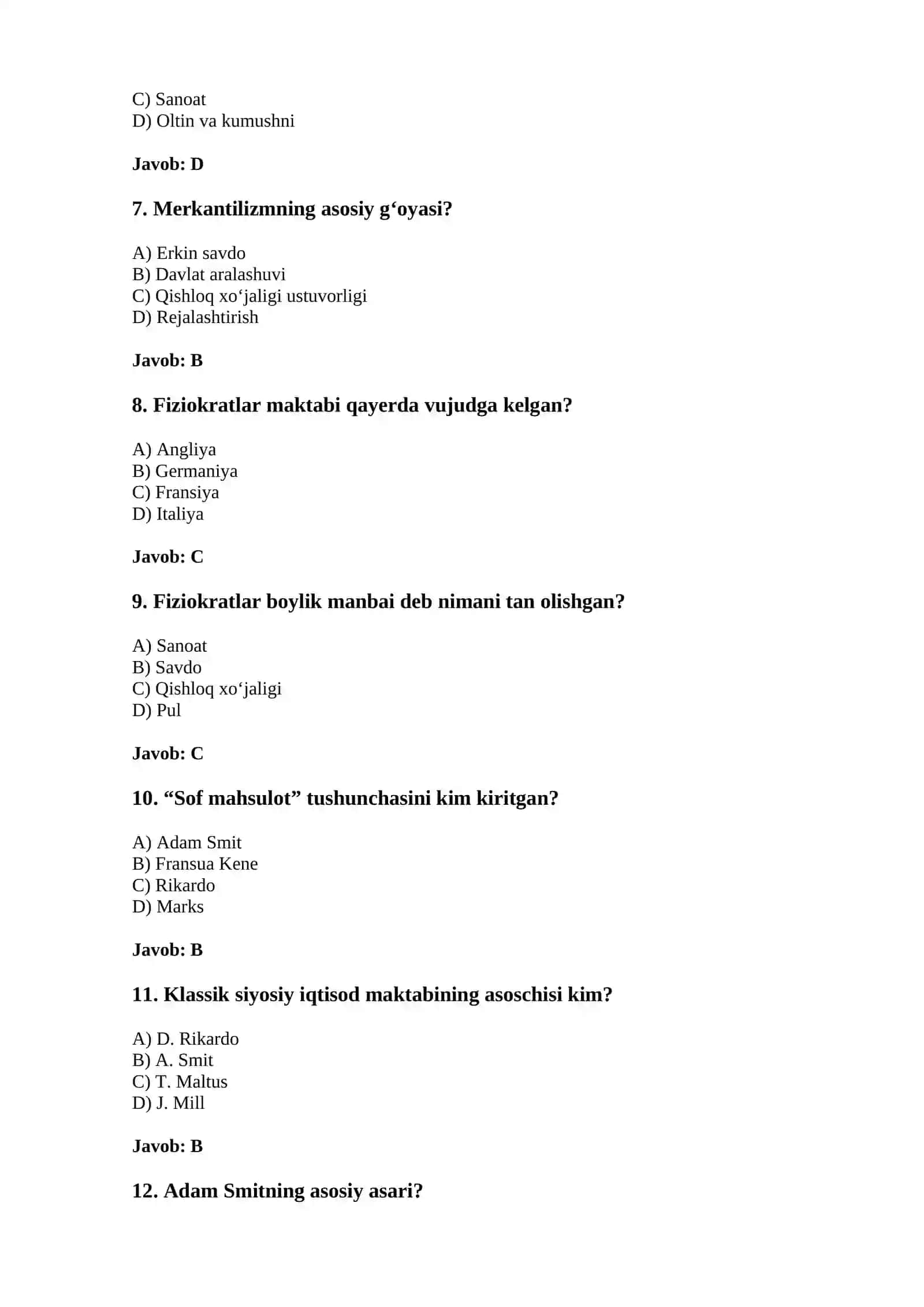 Iqtisodiy ta’limotlar tarixi – test 2