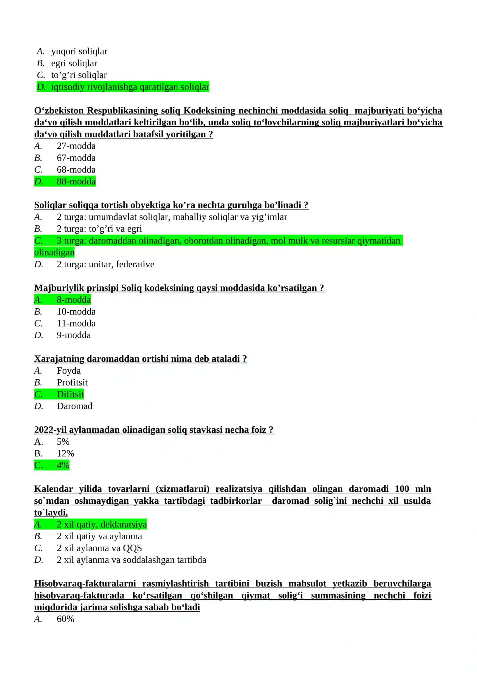SOLIQLAR VA SOLIQQA TORTISH FANIDAN TESTLAR TO`PLAMI 2
