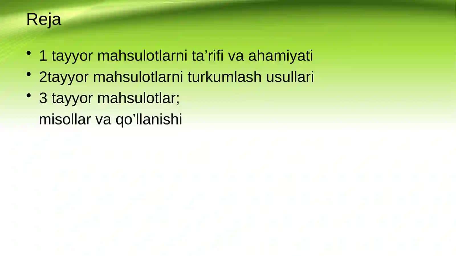 Tayyor mahsulotlarni turkumlash va baholash. 2