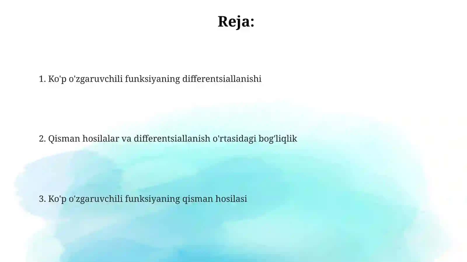 Ko’p o’zgaruvchili funksiyaning xususiy hosilasi va diffrensiyalanuvchanligi 2