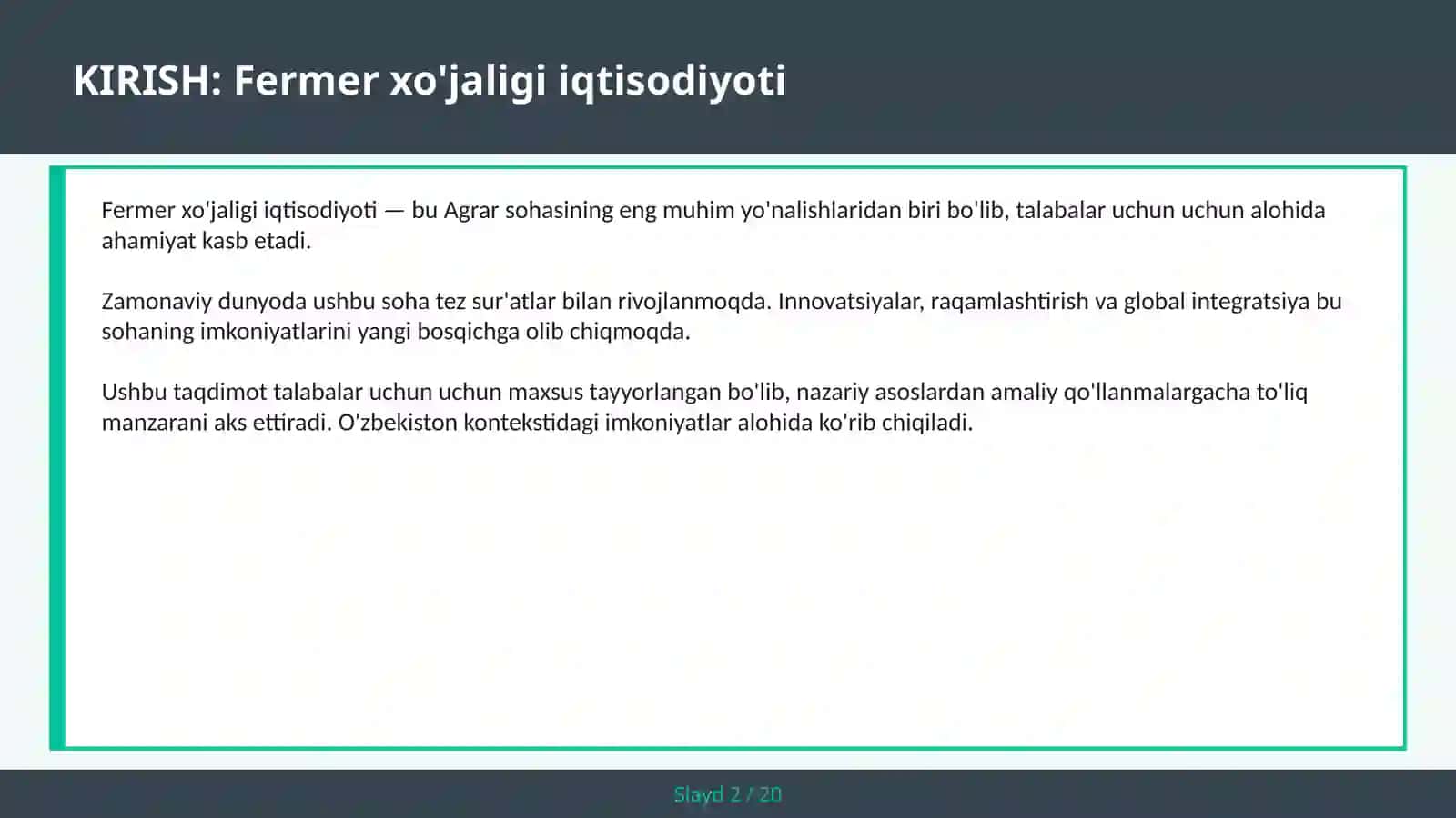 Fermer xo'jaligi iqtisodiyoti 2