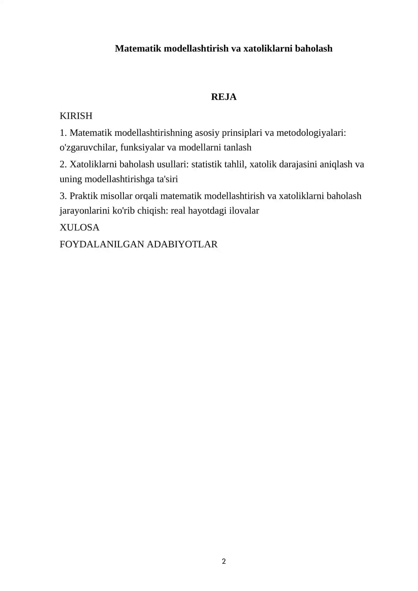 Matematik modellashtirish va xatoliklarni baholash 2