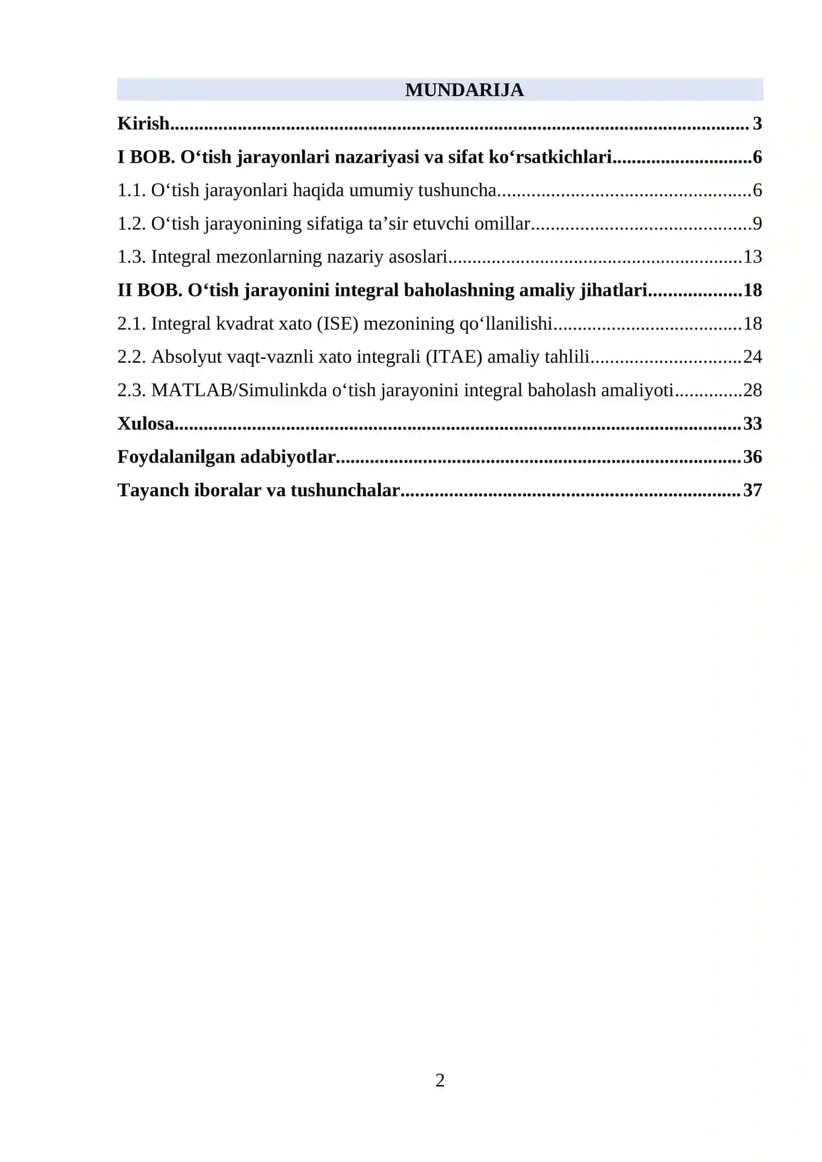O‘tish jarayoni sifatini integral baholari 2